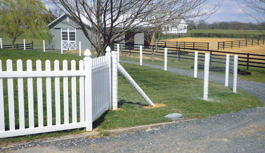 Vinyl PVC fence pic in yard and non-climb horse wire in pasture